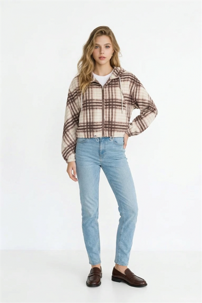 Levure Brown Plaid Hooded Crop Coat With Zip Up Wholesale Clothing 1