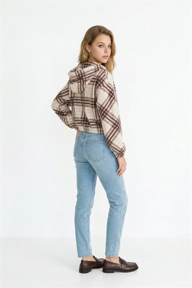 Levure Brown Plaid Hooded Crop Coat With Zip Up Wholesale Clothing Spring