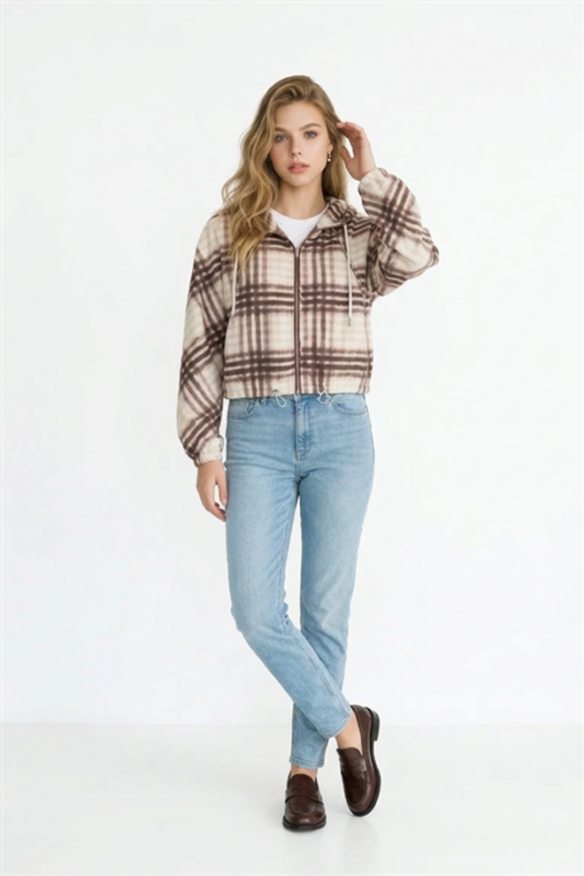 Levure Brown Plaid Hooded Crop Coat With Zip Up Wholesale Clothing Lounge