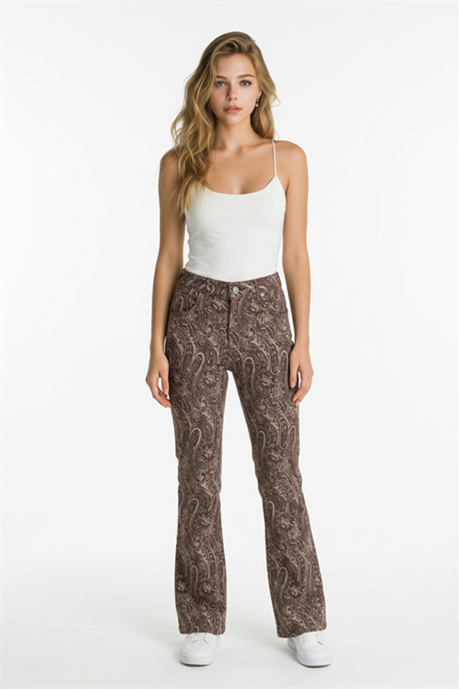Levure Şal Desenli İspanyol Paçalı Kot Pantolon Kahve Toptan Giyim 0