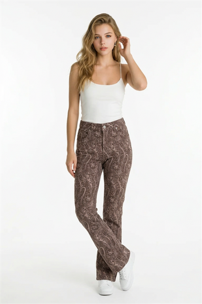 Levure Brown Paisley Flare Leg High Waist Cigarette Pants Wholesale Clothing 1