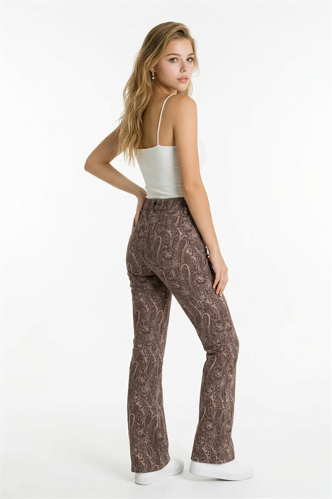 Levure Brown Paisley Flare Leg High Waist Cigarette Pants Wholesale Clothing Spring