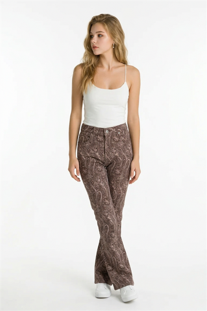 Levure Brown Paisley Flare Leg High Waist Cigarette Pants Wholesale Clothing Lounge
