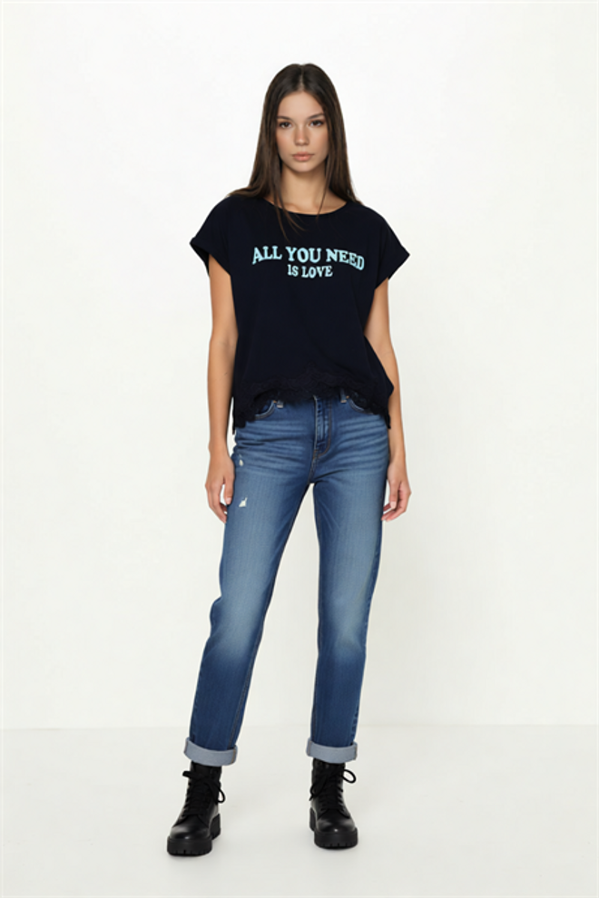 Levure Lacivert Gündelik Tişört Harf Baskılı Toptan Giyim Gündelik