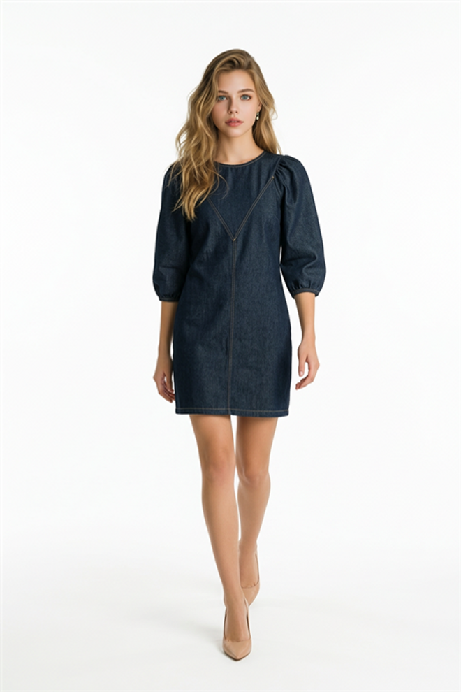Levure Lacivert Elbise Mini Düz Karpuz Kol Gündelik Toptan Giyim Gündelik