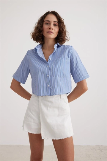 A wholesale clothing model wears  Short Sleeve Striped Crop Women's Shirt Striped - Blue
, Turkish wholesale Crop Top of Levure