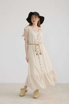 A wholesale clothing model wears lev10403-lace-detailed-belted-linen-dress-stone, Turkish wholesale Dress of Levure