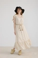 A wholesale clothing model wears lev10403-lace-detailed-belted-linen-dress-stone, Turkish wholesale  of 