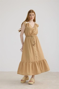 A wholesale clothing model wears lev10407-lace-detailed-belted-linen-dress-biscuit, Turkish wholesale Dress of Levure