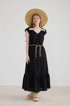 A wholesale clothing model wears lev10396-lace-detailed-belted-linen-dress-black, Turkish wholesale Dress of Levure