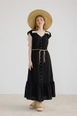 A wholesale clothing model wears lev10396-lace-detailed-belted-linen-dress-black, Turkish wholesale  of 