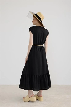 A wholesale clothing model wears lev10396-lace-detailed-belted-linen-dress-black, Turkish wholesale Dress of Levure