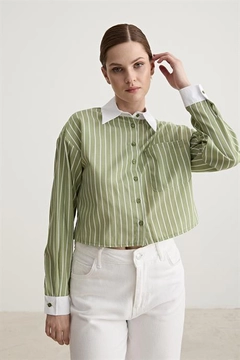 Ένα μοντέλο χονδρικής πώλησης ρούχων φοράει 10467-garni-detailed-single-striped-crop-shirt-green, τούρκικο Crop top χονδρικής πώλησης από Levure