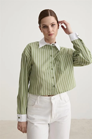 Bir model, Levure toptan giyim markasının  Garni Detaylı Tek Çizgili Crop Gömlek Çağla Yeşili
 toptan Crop Top ürününü sergiliyor.