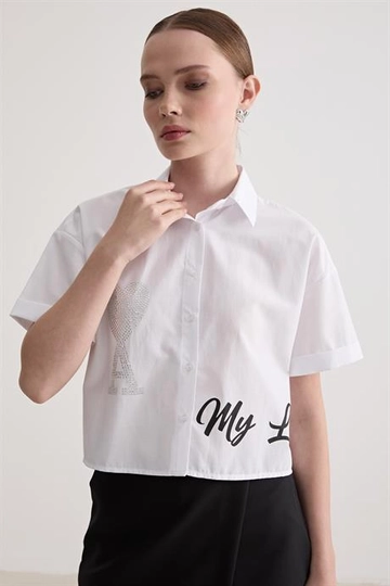 Модел на дрехи на едро носи  Бяла Къса Риза С Щампи И Каменни Детайли
, турски едро Риза на Levure