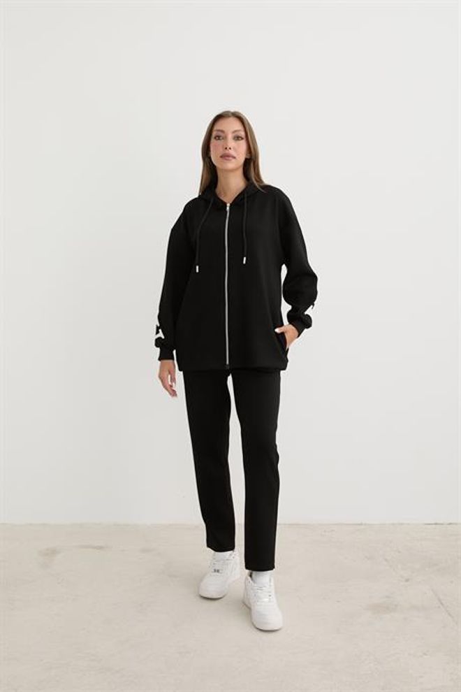 Levure Felpa Con Cerniera Con Stampa Dettagliata Nera Abbigliamento all'ingrosso Casuale