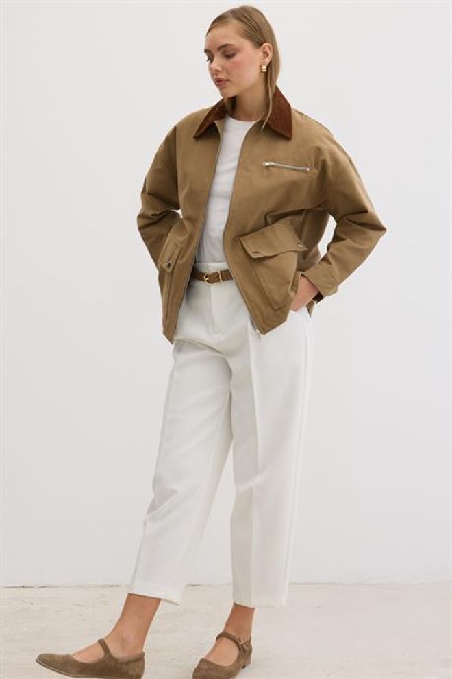 Levure Dámsky Golier Garni Detailný Kabát Na Zips Camel Veľkoobchod s oblečením Neformálny