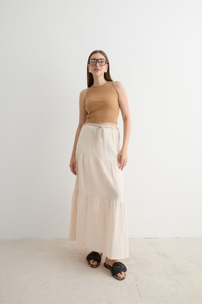 Levure Lange Rok Met Elastische Taille En Koorddetail Stone Groothandel Kleding Boho