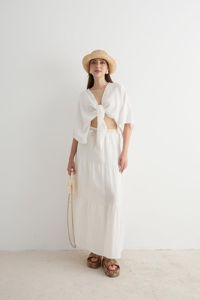 Levure Lange Rok Met Elastische Taille En Koorddetail Ecru Groothandel Kleding Boho
