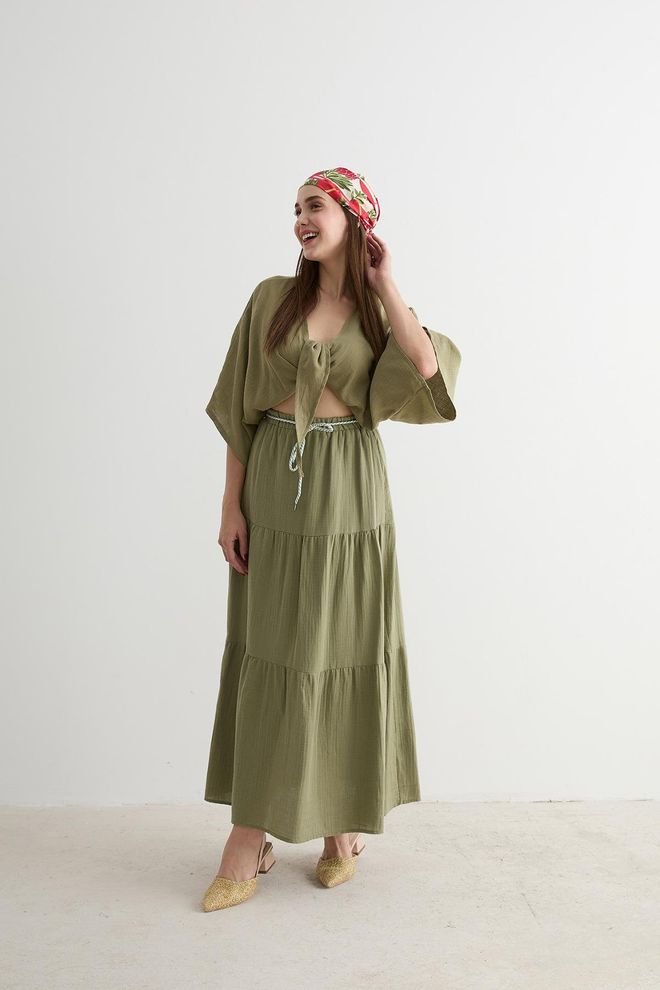 Levure Lange Rok Met Elastische Taille En Koord Gedetailleerde Kaki Groothandel Kleding Boho
