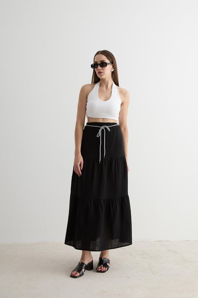 Levure Lange Rok Met Elastische Taille En Koorddetail Zwart Groothandel Kleding Boho