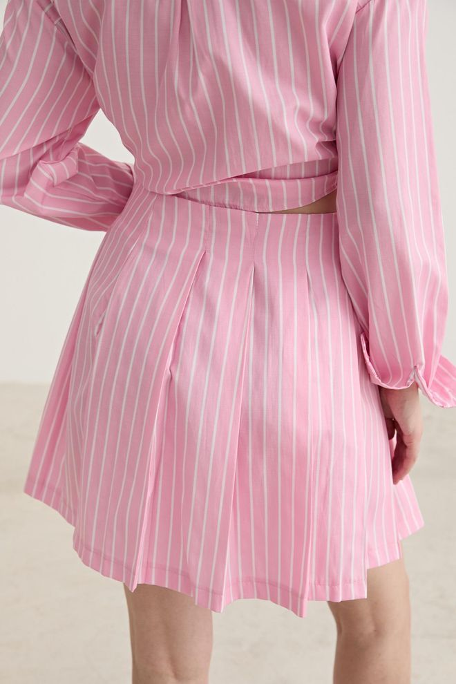 Levure Rits Gedetailleerde Enkele Gestreepte Korte Rok Roze Groothandel Kleding Casual