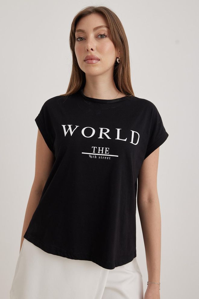 Levure T Shirt Text Printed Μαύρο Χονδρικό εμπόριο ενδυμάτων Casual