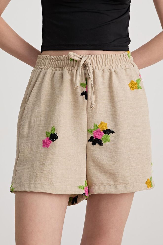 Levure Shorts In Lino Fantasia Fiori Con Elastico In Vita Stone Abbigliamento all'ingrosso Casuale