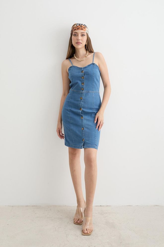 Levure Dámske Modré Šaty Bez Ramienok S Detailom Na Ramienka Veľkoobchod s oblečením Neformálny