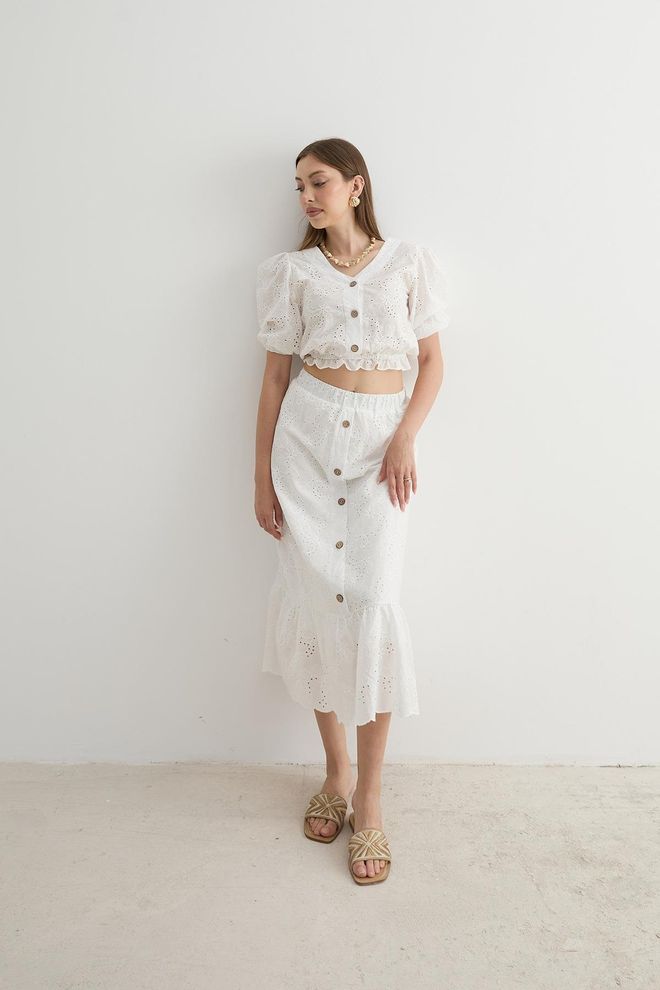 Levure Garni Terrycotton Gedetailleerde Kanten Rok Voor Dames Wit Groothandel Kleding Casual