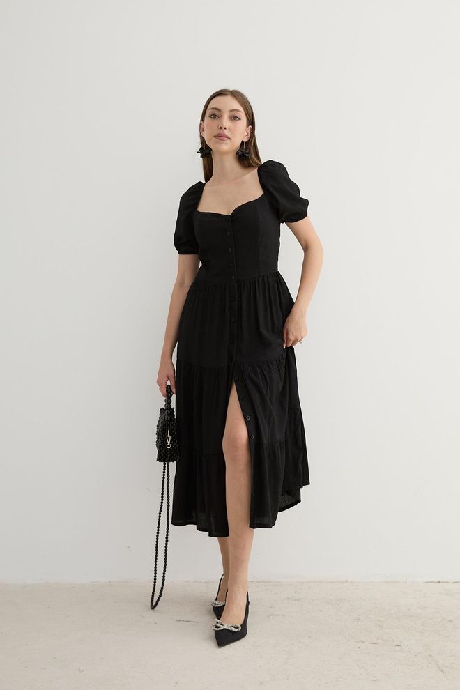 Levure Midi jurk Met Korte Mouwen En Knopen Voor Dames Zwart Groothandel Kleding Casual