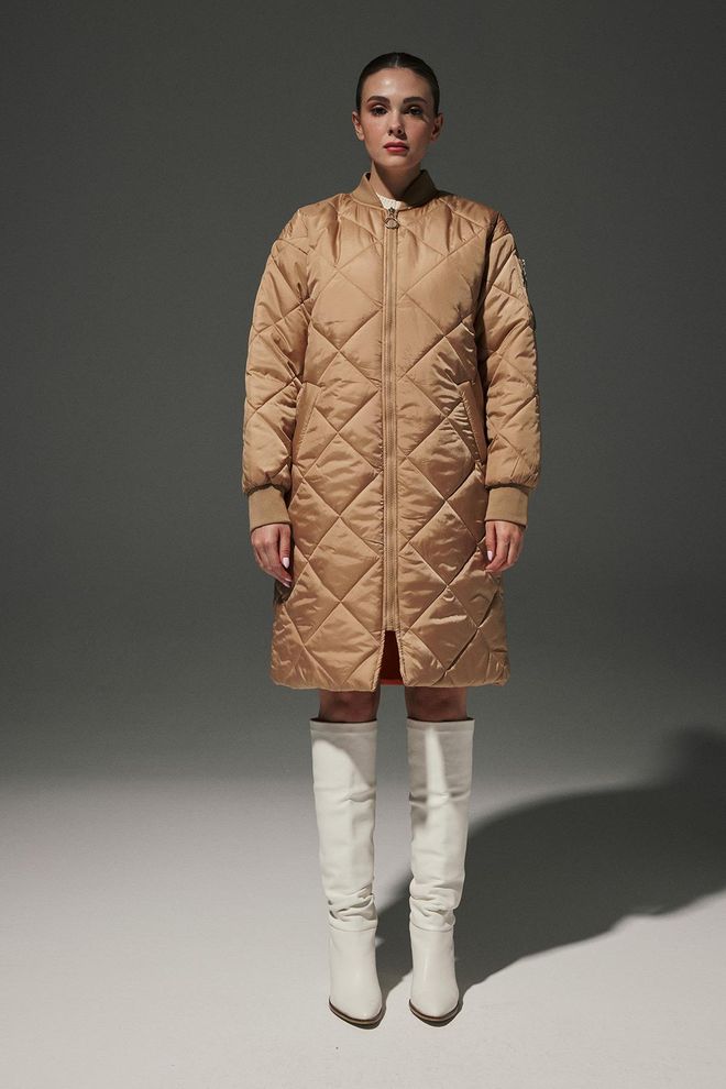 Levure Polyester Fabric Diamond Slice Pattern Sleeve Zipper Detail Quilted Long Women's Coat Camel Wholesale Clothing Casual