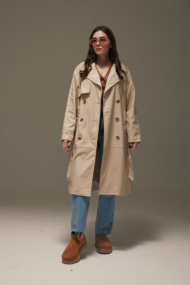 Levure Trench da donna in tessuto e pelle con cintura in vita Stone Abbigliamento all'ingrosso Formale