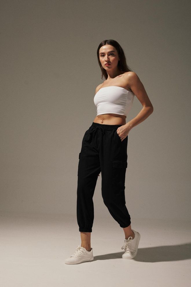 Levure Pantalon Femme Gabardine Taille Elastique Noir Vêtements en gros Décontracté