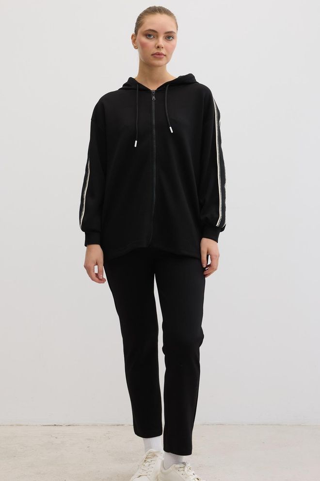 Levure Felpa Con Cerniera E Dettagli A Righe Nera Abbigliamento all'ingrosso Sportivo