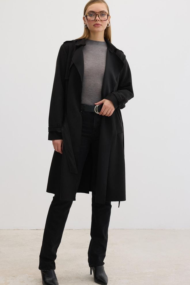 Levure Κουμπί Λεπτομερής Ζώνη Suede Trench Μαύρο Χονδρικό εμπόριο ενδυμάτων Casual