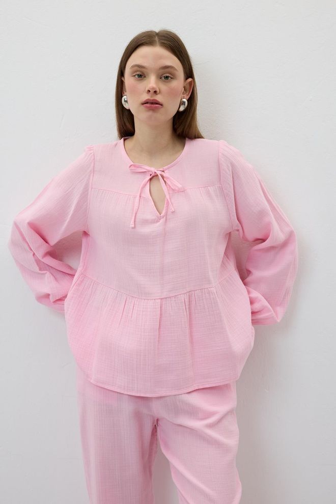 Levure Blusa Mueslin Con Lacci Rosa Abbigliamento all'ingrosso Casuale