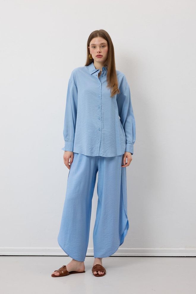 Levure Elastic Waist Slit Pants Blue Wholesale Clothing Casual