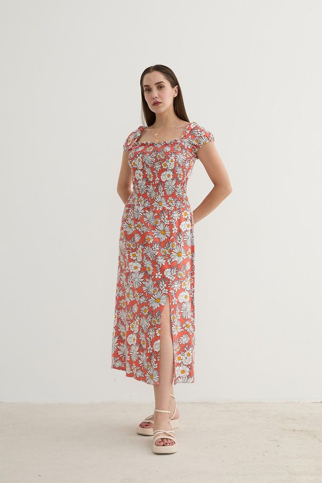 Levure Женска Наранџаста Хаљина Са Прорезима Са Цветним Узорком Велепродаја одеће Неформалан