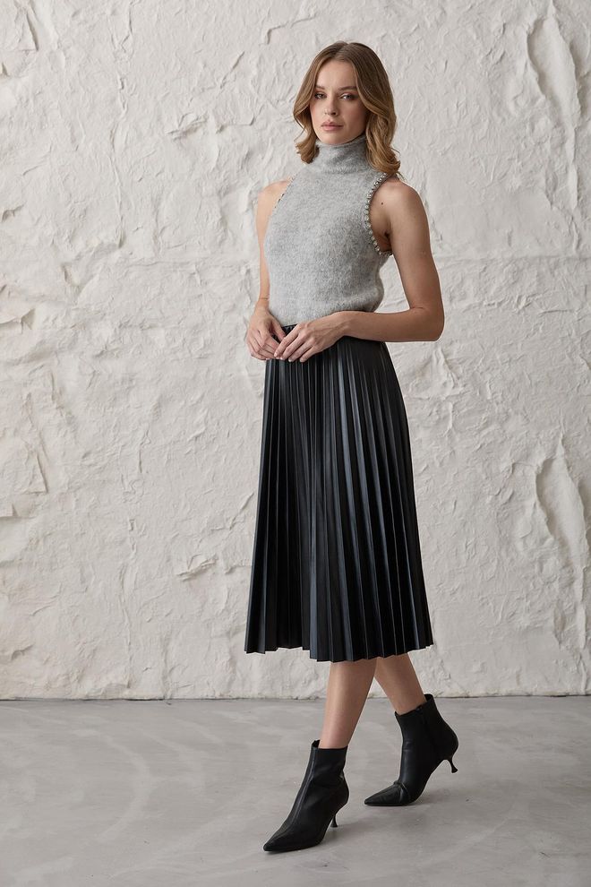 Levure Lange Leren Damesrok Met Plooien Zwart Groothandel Kleding Formeel