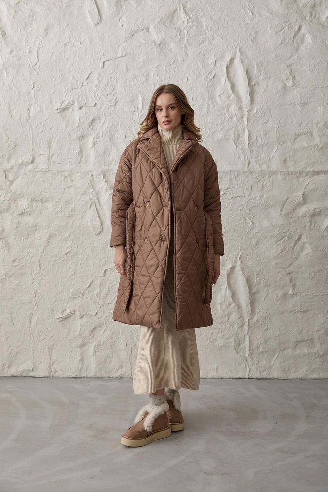 Levure Jaqueta Gola Cintura Com Cinto Acolchoado Longo Casaco Feminino Marrom Roupas por atacado Sem Tecido