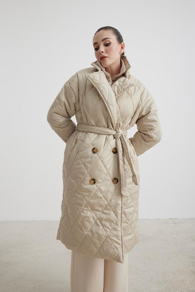 Levure Jaqueta Gola Cintura Com Cinto Acolchoado Longo Casaco Feminino Pedra Roupas por atacado Sem Tecido