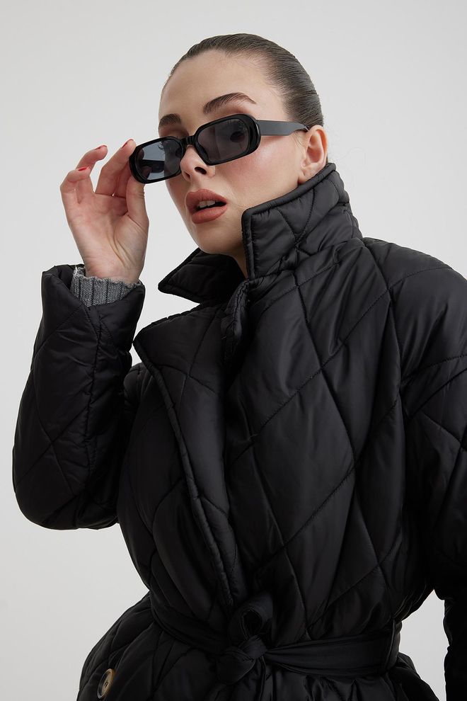 Levure Jaqueta Gola Cintura Com Cinto Acolchoado Longo Casaco Feminino Preto Roupas por atacado 2