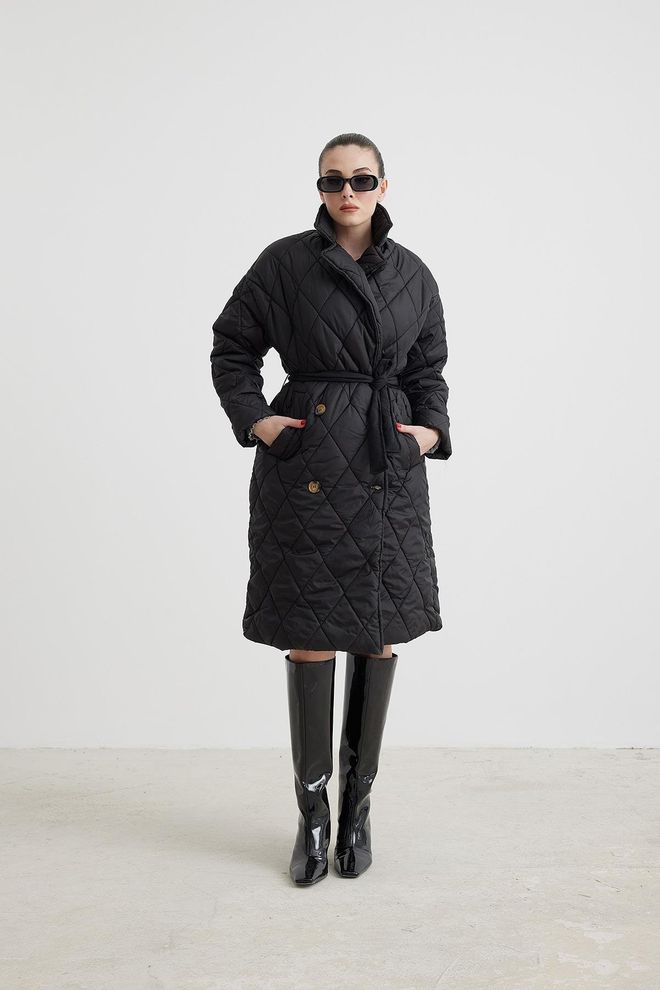 Levure Jaqueta Gola Cintura Com Cinto Acolchoado Longo Casaco Feminino Preto Roupas por atacado Sem Tecido