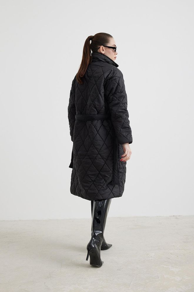 Levure Jaqueta Gola Cintura Com Cinto Acolchoado Longo Casaco Feminino Preto Roupas por atacado Inverno