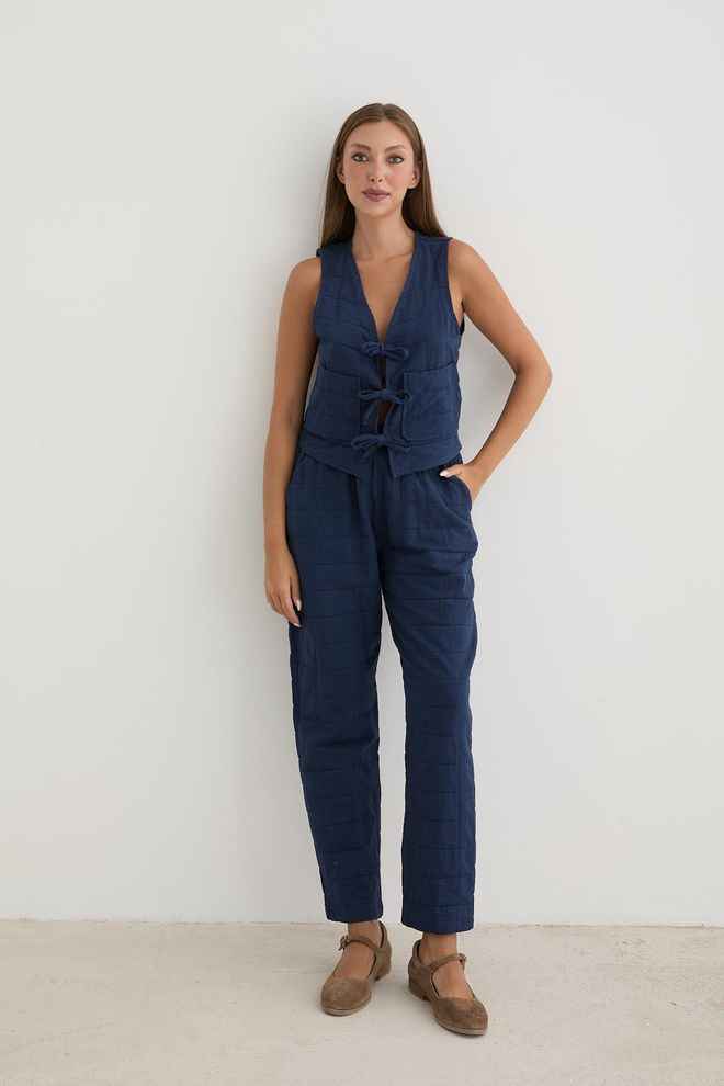 Levure Women's Waist Cord Detail Patterned Quilted Trousers Navy Blue Wholesale Clothing Casual