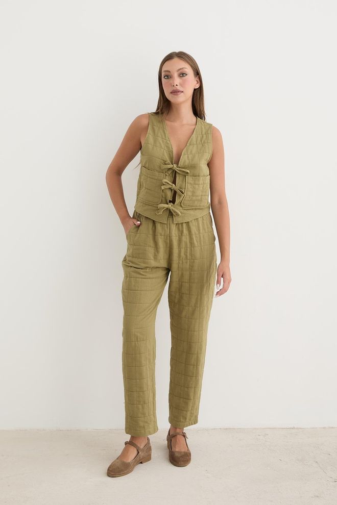 Levure Pantaloni Trapuntati Con Motivo Dettagliato Con Cordino In Vita Da Donna Color Kaki Abbigliamento all'ingrosso Casuale
