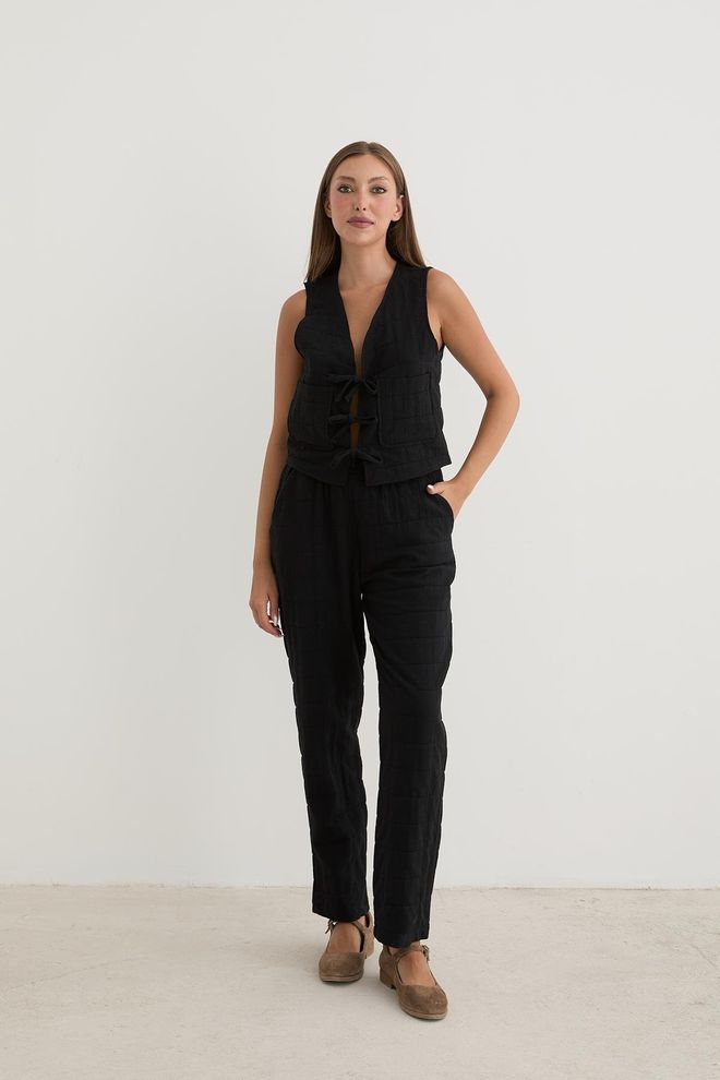 Levure Women's Waist Cord Detail Patterned Quilted Trousers Black Wholesale Clothing Casual