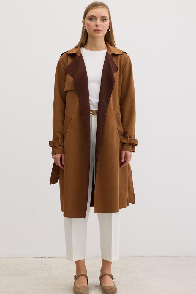 Levure Trench In Pelle Scamosciata Con Cintura Dettagliato Con Bottoni Marrone Chiaro Abbigliamento all'ingrosso Casuale