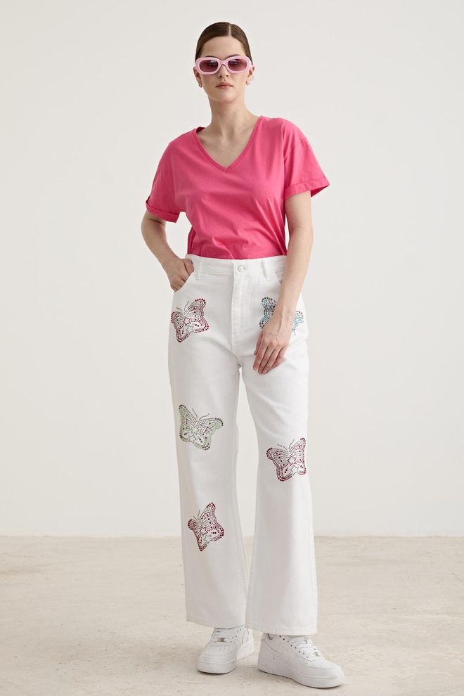 Levure Stone Butterfly Detailed Wide Leg Trousers White Wholesale Clothing Work
